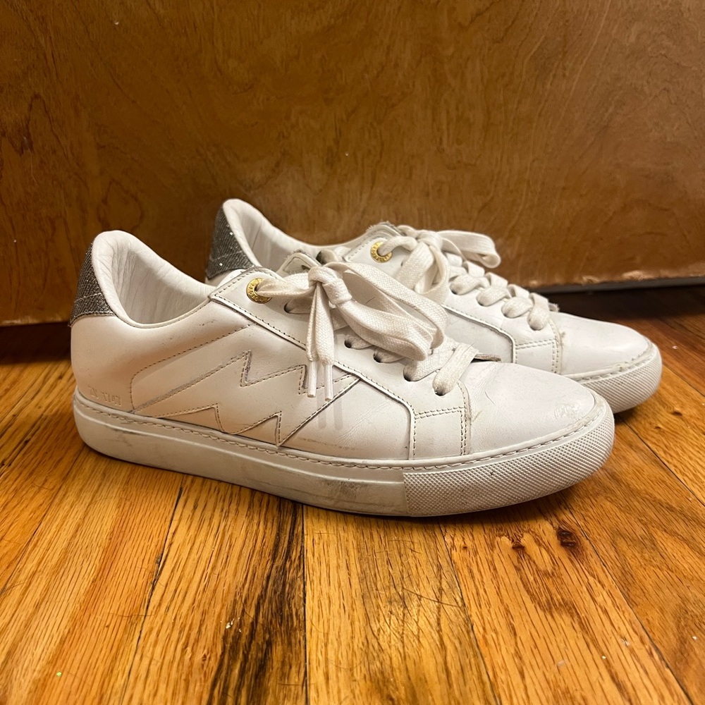 Zadig and Voltaire white / silver leather thunderbolt sneaker